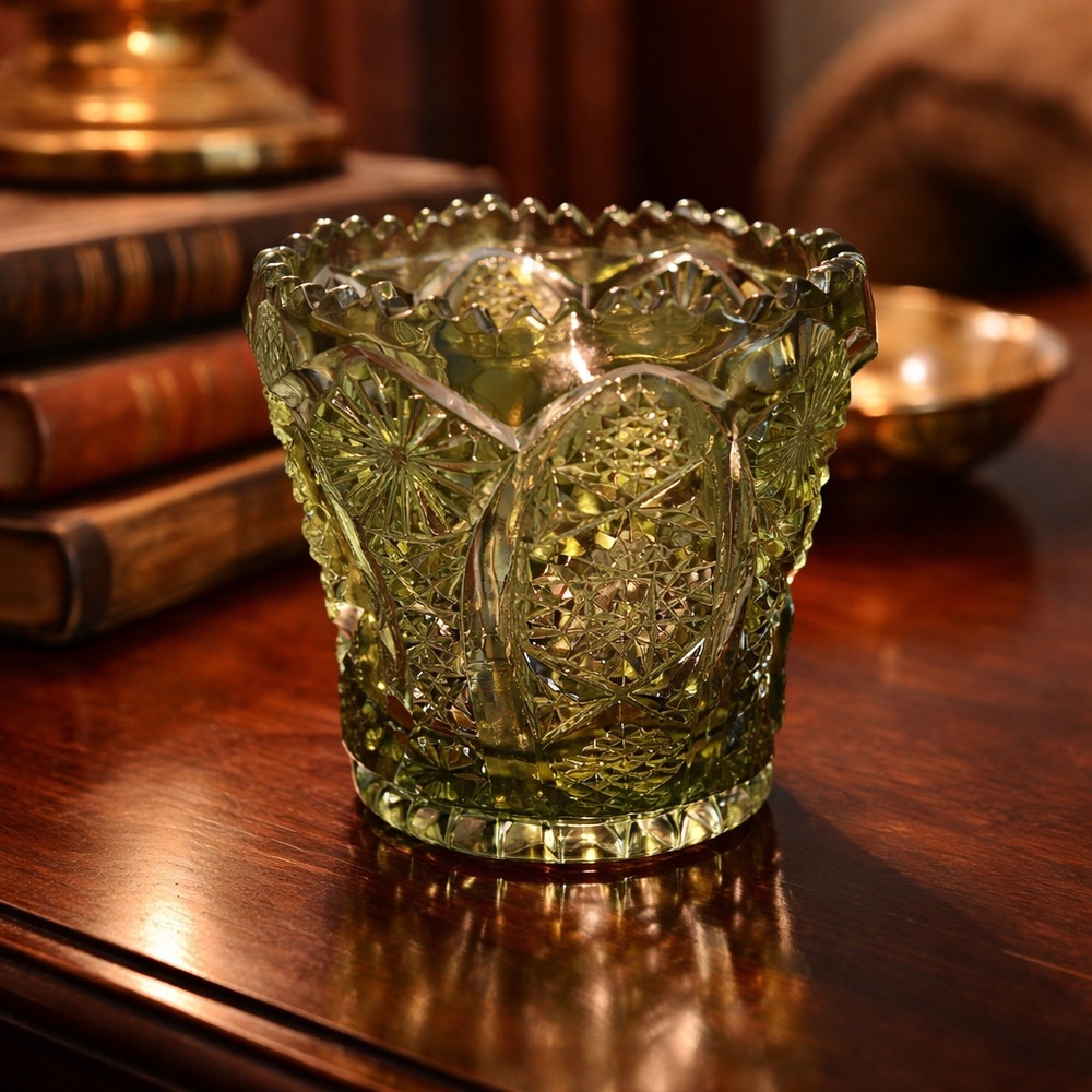 Imperial Glass avocado green "Daisy & Button" pattern toothpick holder